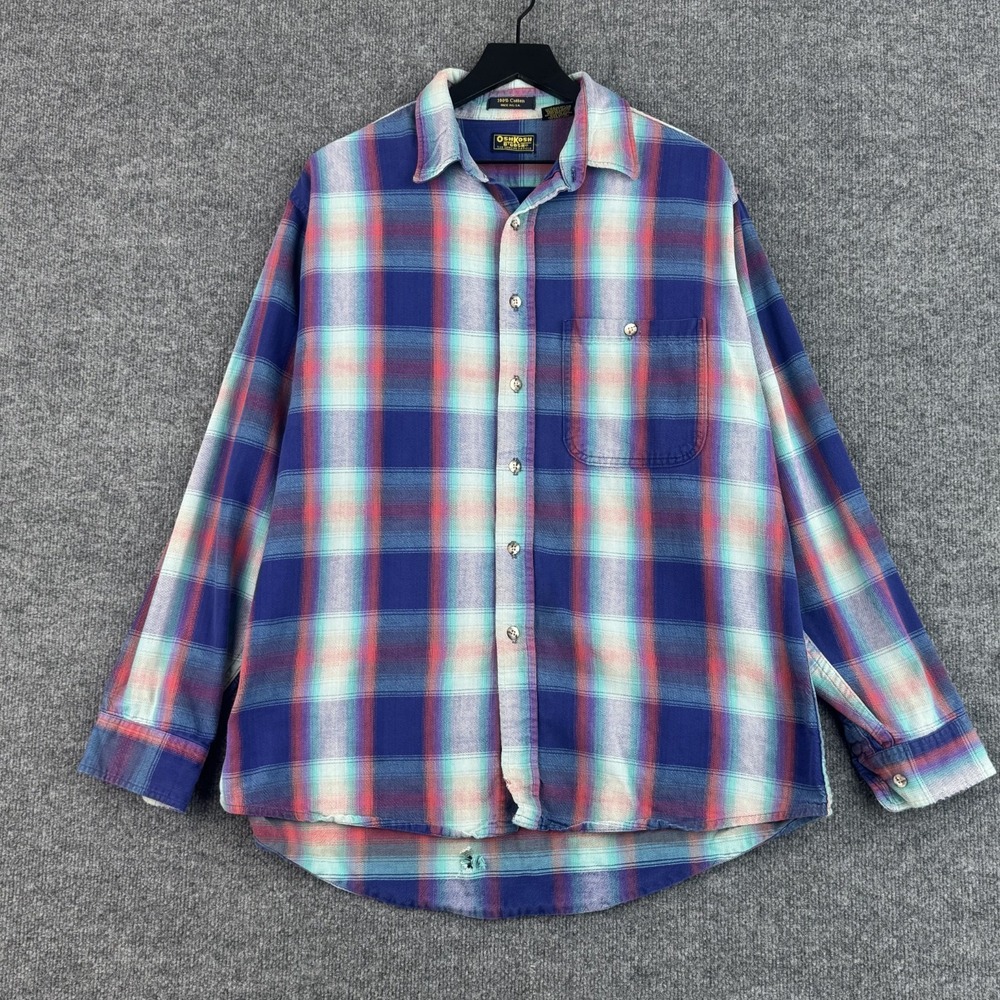 Vintage OshKosh Bgosh Flannel Shirt Mens XLT Blue Plaid Button Up Made in USA